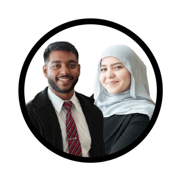 A man wearing a suit and a woman wearing a hijab are framed in a composite image by a black circle with a white background.