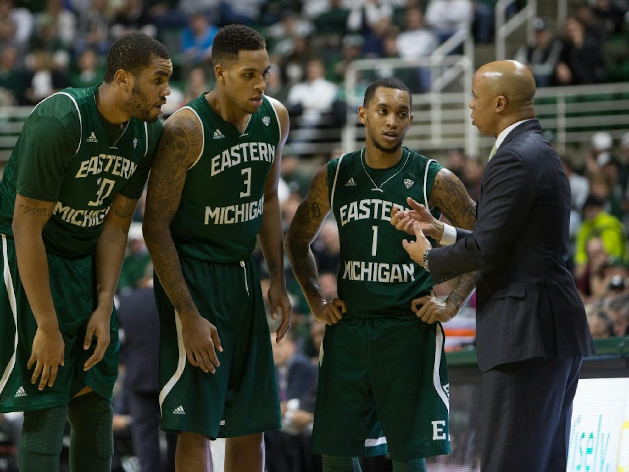 Eastern Michigan coach Rob Murphy instructs his team on what to do in their 66-46 loss to Michigan State in East Lansing Wednesday night.