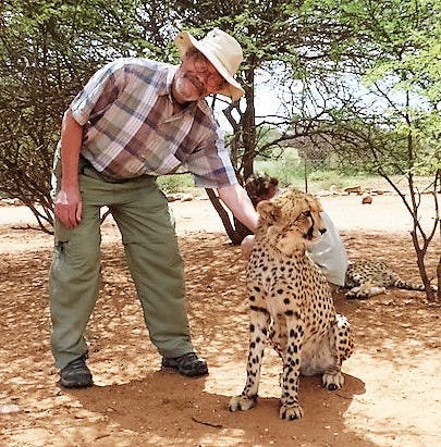 William Sverdlik, PhD, Fullbright Scholarship recipient posing for a photograph with a cheetah.&nbsp;