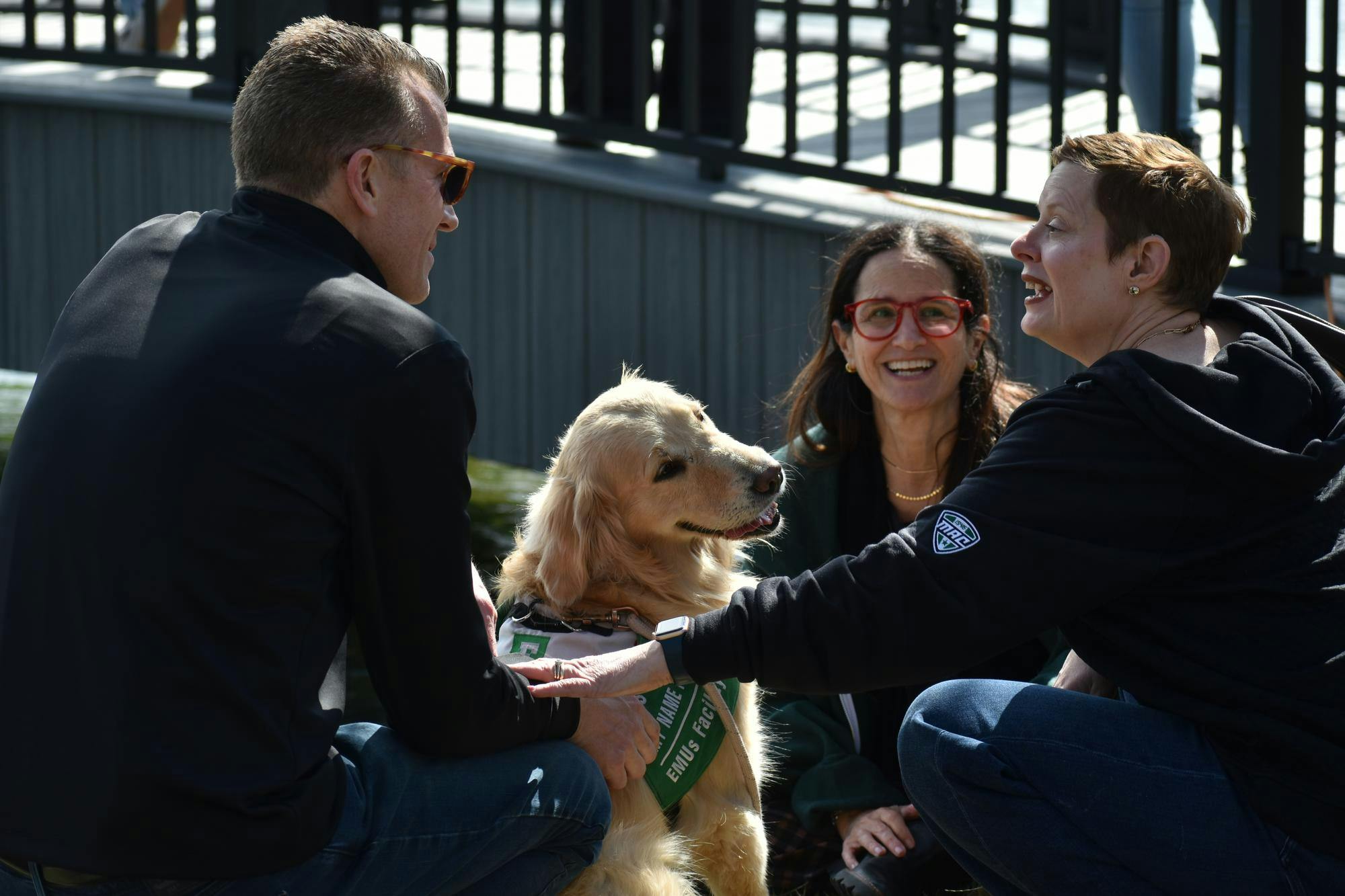 Three people surround a golden retriever dog and smile while talking.