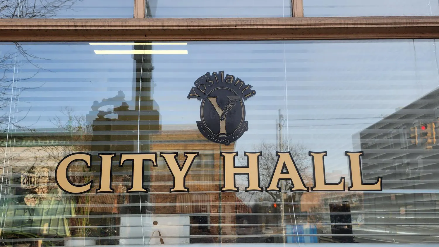The window of Ypsilanti City Hall.