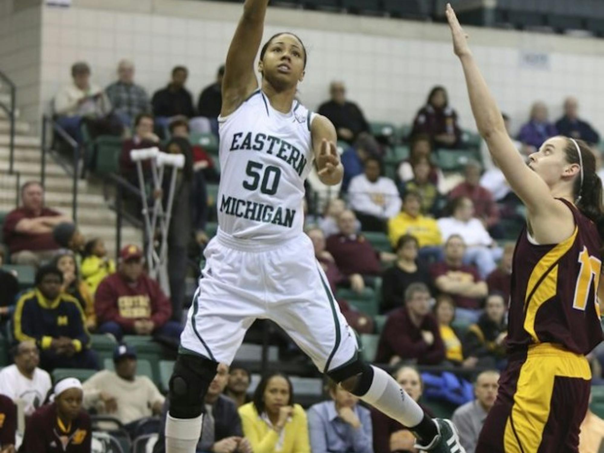 	Junior forward Natachia Watkins (50) led the way for EMU with 18 points in Wednesday&#8217;s 63-56 loss to CMU.