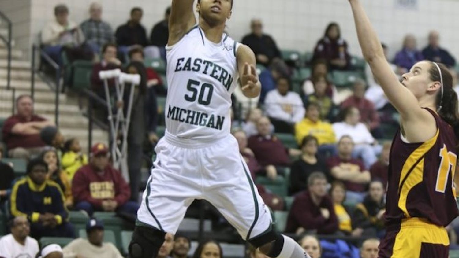 Junior forward Natachia Watkins (50) led the way for EMU with 18 points in Wednesday’s 63-56 loss to CMU.
