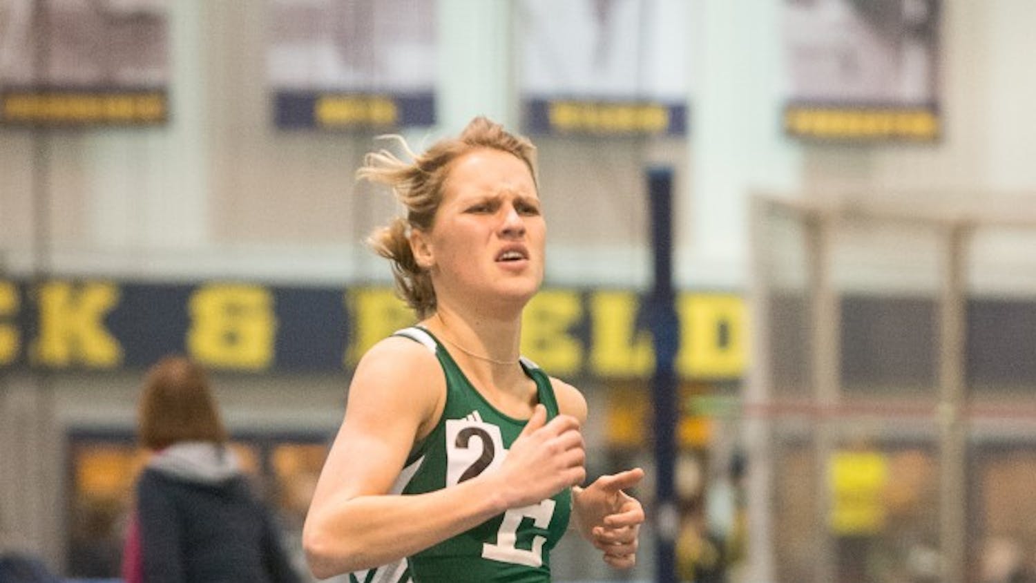 Eastern Michigan distance runner Victoria Voronko sprinting into the finish during the 3000m run on 18 January at the Simmons-Harvey Invitational in Ann Arbor. She finished second with a time of 9:27.76.