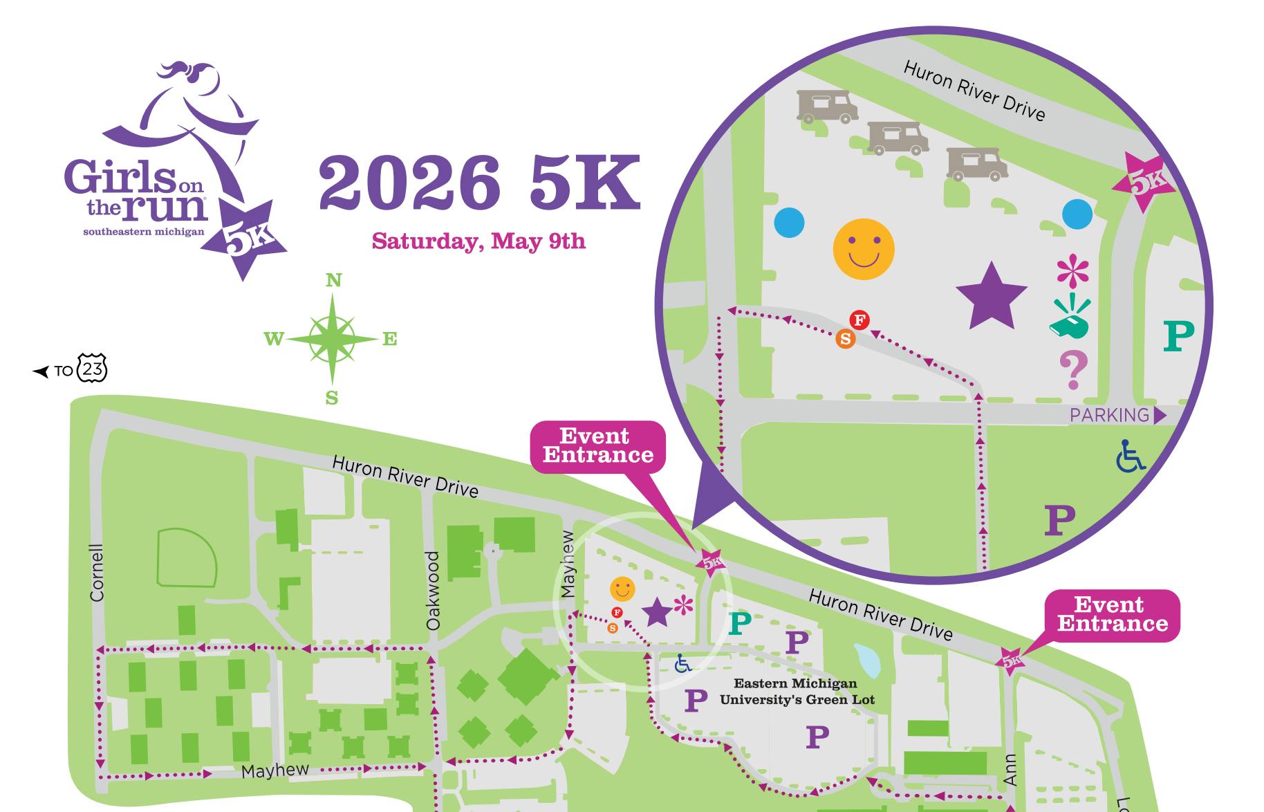 Graphic map of Eastern Michigan University campus with arrows showing the path of the 5K run.