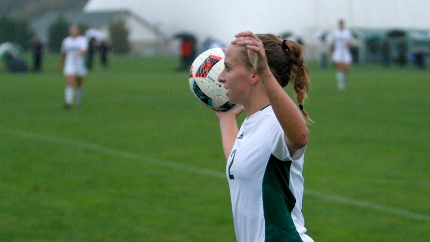 Jennifer Bentley throws the ball in during the soccer game against Ball State at Scicluna Field in Ypsilanti on Friday, September 30, 2016.