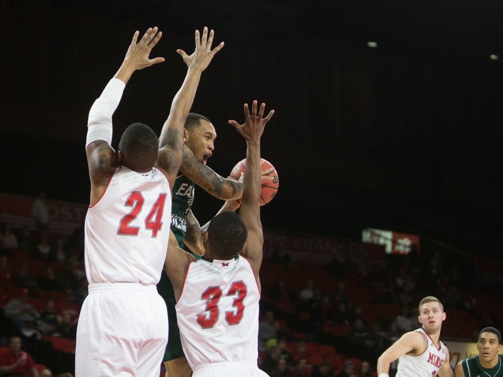 Eastern Michigan guard Mike Talley looks for the pass in the Eagles 82-81 overtime loss to Miami (OH) in Oxford, OH.