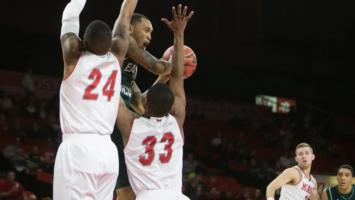 Eastern Michigan guard Mike Talley looks for the pass in the Eagles 82-81 overtime loss to Miami (OH) in Oxford, OH.