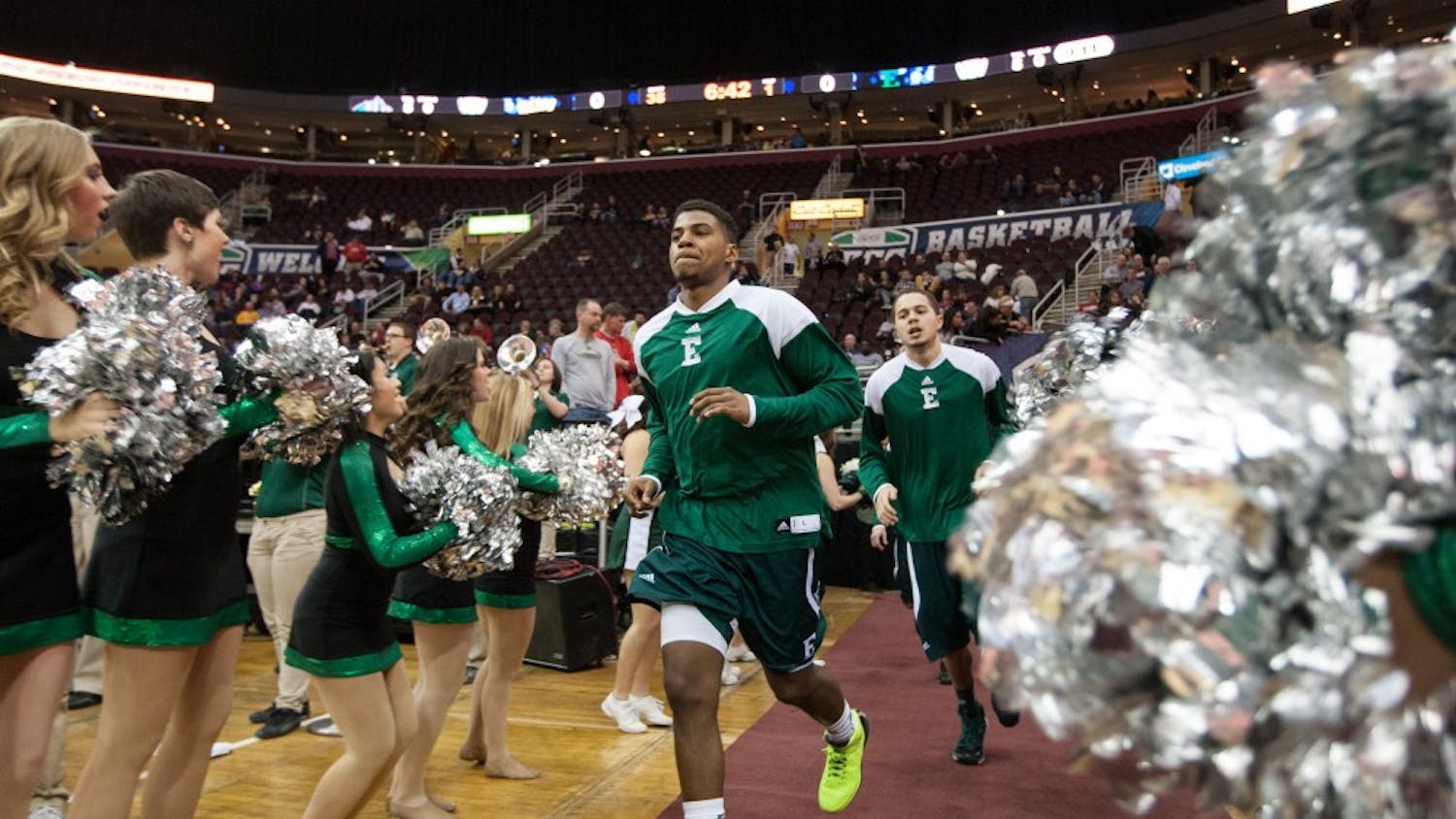 Eastern Michigan guard Jalen Ross runs onto the court before the Eagles took on Toledo in the semifinal round of the Mac Tournament Friday night.