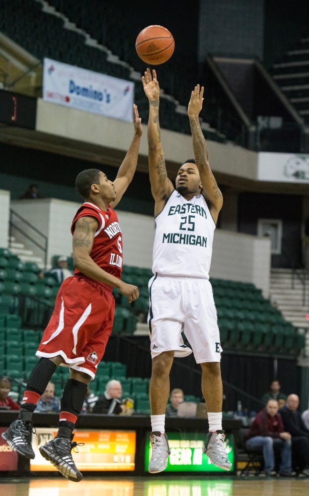 Eastern Michigan guard Darell Combs (25) is fouled on a shot attempt in the Eagles 56-52 win over Northern Illinois Saturday afternoon.