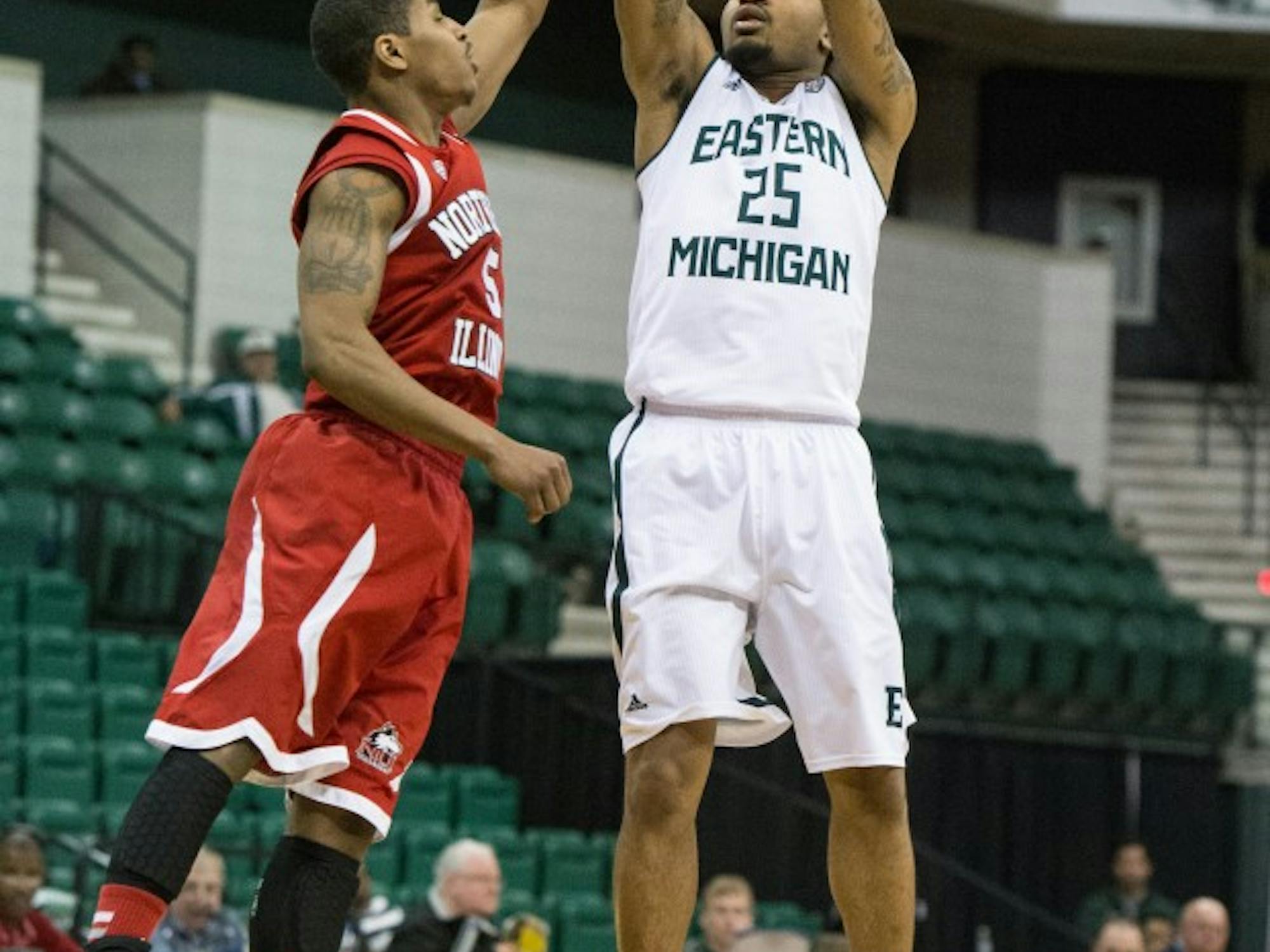 Eastern Michigan guard Darell Combs (25) is fouled on a shot attempt in the Eagles 56-52 win over Northern Illinois Saturday afternoon.