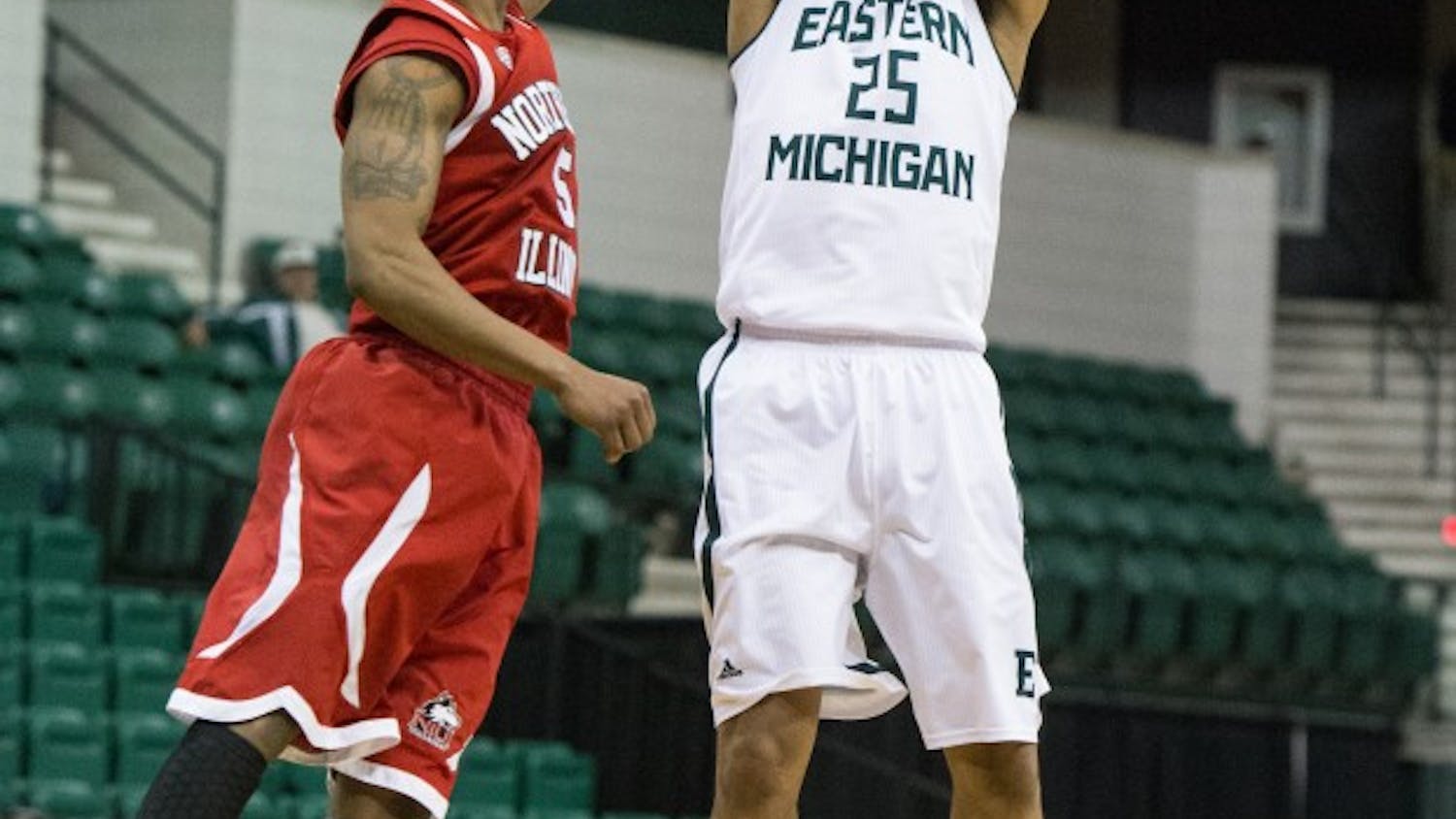 Eastern Michigan guard Darell Combs (25) is fouled on a shot attempt in the Eagles 56-52 win over Northern Illinois Saturday afternoon.