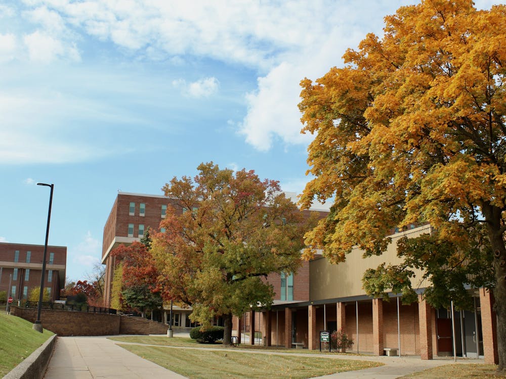 Brick buildings Judy Sturgis, Pray-Harrold, and Porter﻿ are surrounded by autumn-colored foliage on Oct. 23, 2022. 