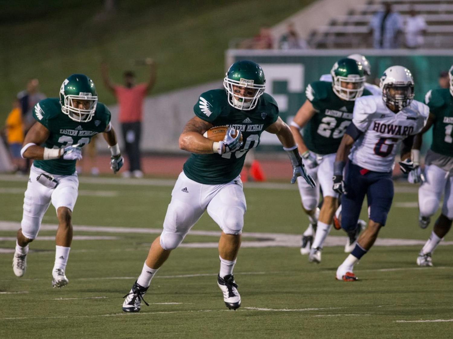 EMU Linebacker Sean Kurtz had a key interception late in the game to help EMU beat Howard University 34-24 Saturday night in Ypsilanti.