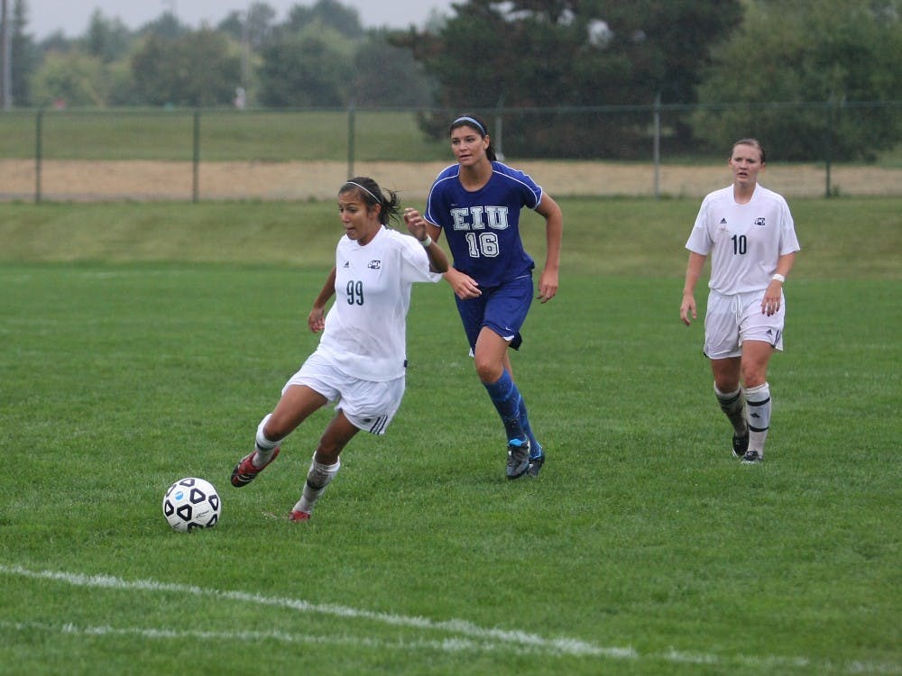 Ashley Rodriguez (99) attempts to score another goal against Eastern Illinois defense in order to try to increase the the Eagles' lead over the Panthers. Rodriguez score the only goal for EMU, beating the game over the Lady Panthers.