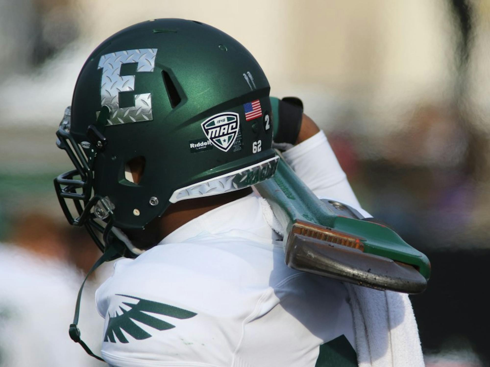Eastern Michigan offensive lineman Ka'John Armstrong holds the wrench in the Eagles 51-7 loss to Western Michigan Saturday afternoon in Kalamazoo.