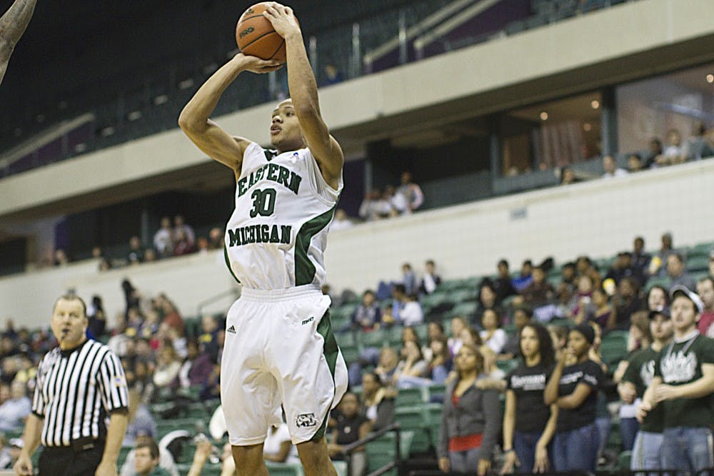 Eastern’s Derek Thompson shoots the ball during Sunday’s game at the Convocation Center. EMU’s score of 41 is a season-low for the team. The Eagles are 5-13 in their season so far and 2-3 in the MAC.