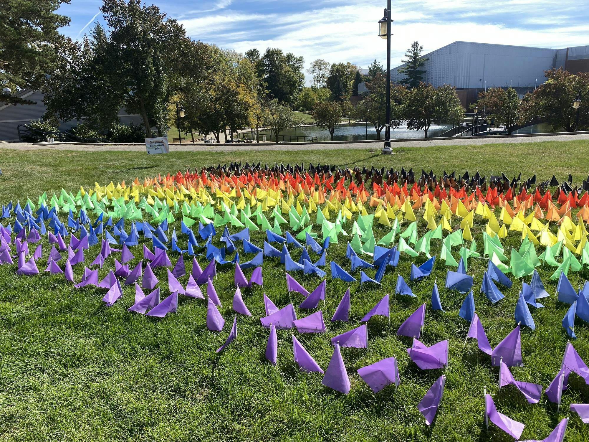Small flags are stuck into the grass with every color of the rainbow, including black and brown, in the shape of a Pride flag.