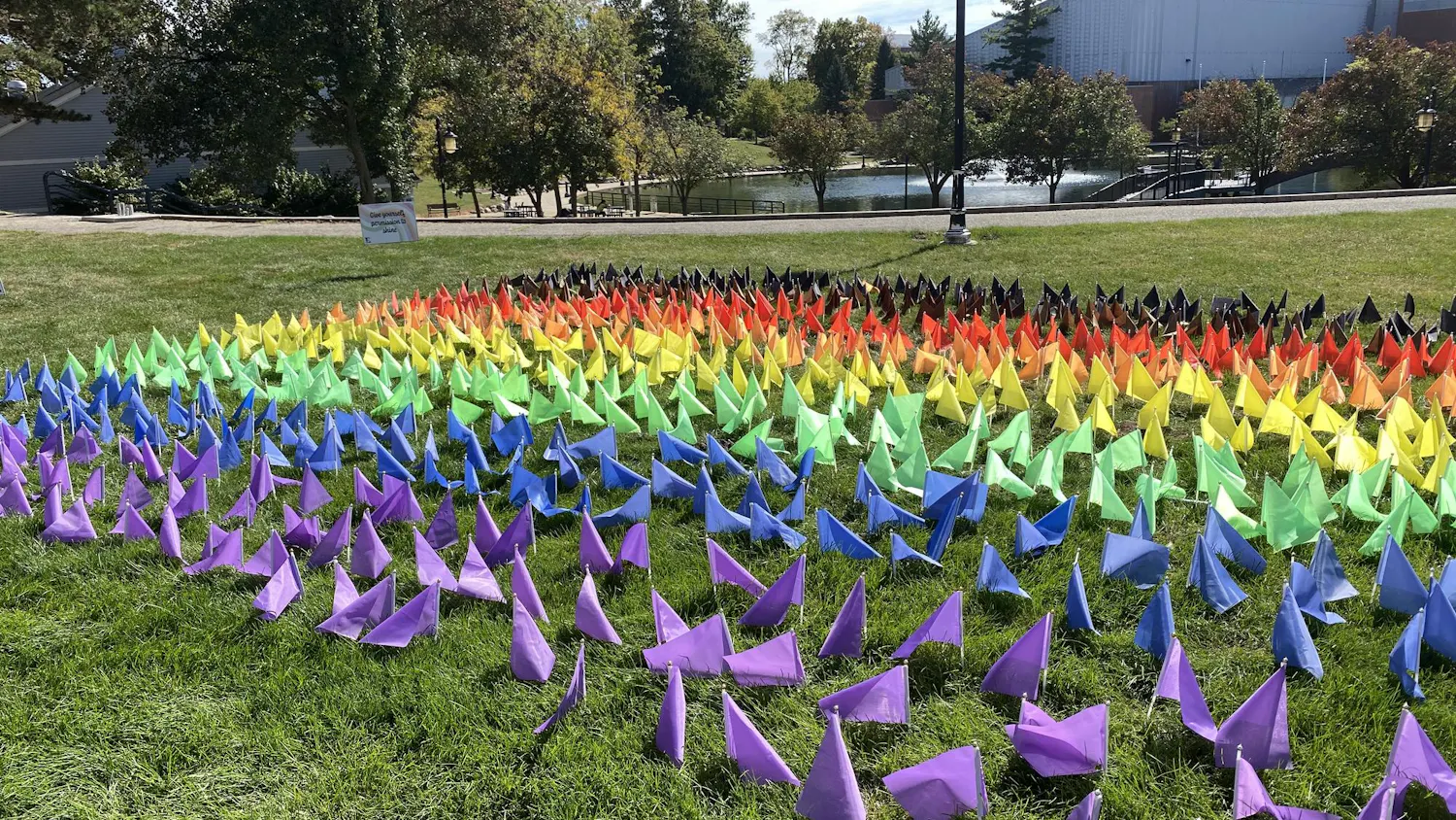Small flags are stuck into the grass with every color of the rainbow, including black and brown, in the shape of a Pride flag.