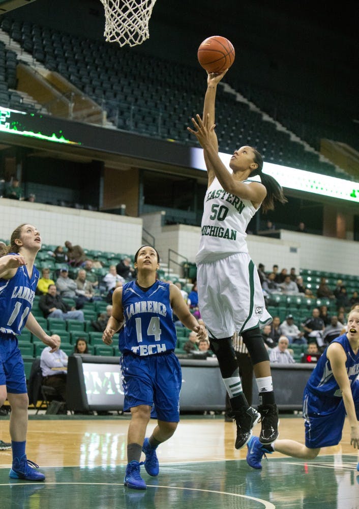 EMU forward Natachia Watkings (50) goes in for the lay up against Lawrence Tech Tuesday afternoon.