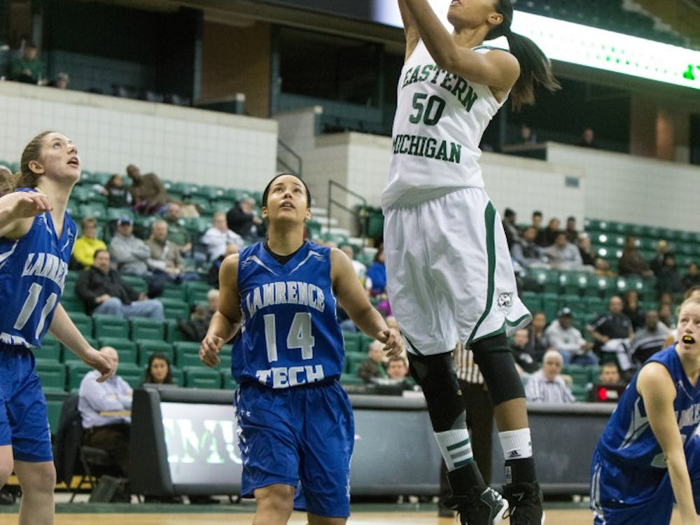 EMU forward Natachia Watkings (50) goes in for the lay up against Lawrence Tech Tuesday afternoon.