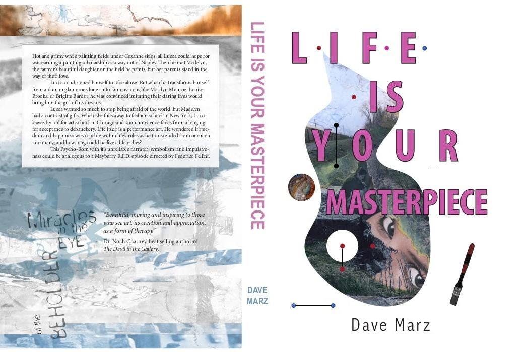 The back and front covers of "Live is Your Masterpiece." The back cover has a blue and white collage in the background with a book summary on top. The front cover has a collage inside an organic shape under pink text with the title of the book.
