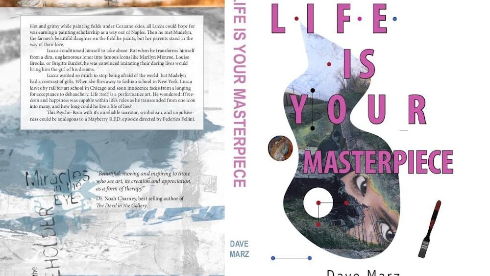 The back and front covers of "Live is Your Masterpiece." The back cover has a blue and white collage in the background with a book summary on top. The front cover has a collage inside an organic shape under pink text with the title of the book.