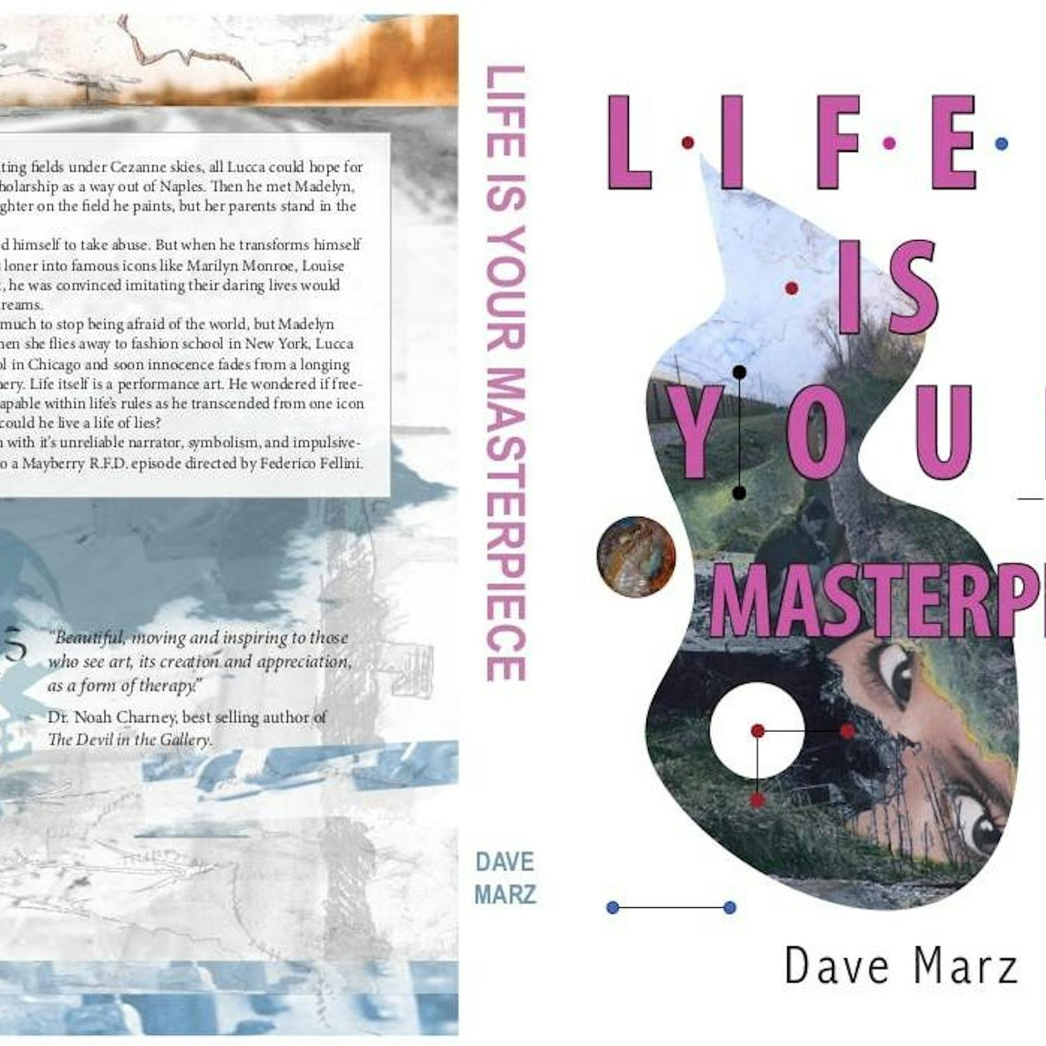 The back and front covers of "Live is Your Masterpiece." The back cover has a blue and white collage in the background with a book summary on top. The front cover has a collage inside an organic shape under pink text with the title of the book.
