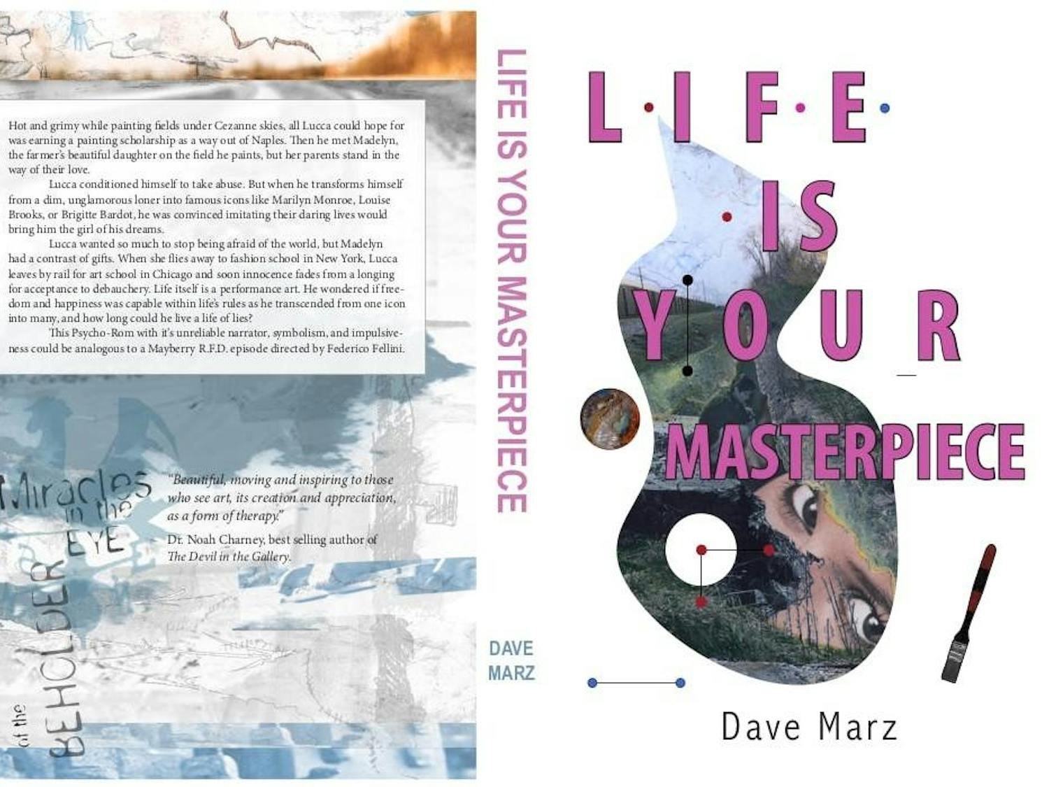The back and front covers of "Live is Your Masterpiece." The back cover has a blue and white collage in the background with a book summary on top. The front cover has a collage inside an organic shape under pink text with the title of the book.