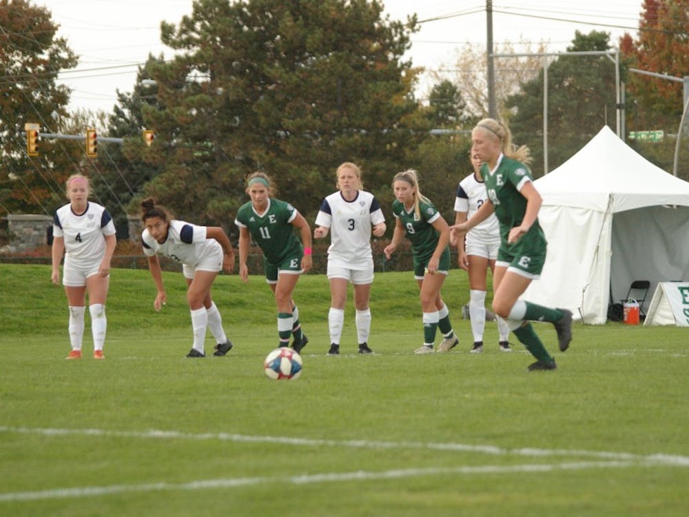 EMU forward Amanda Cripps sets to shoot a penalty kick that closed the deficit to 3-2 at Scicluna Field on Oct. 24.