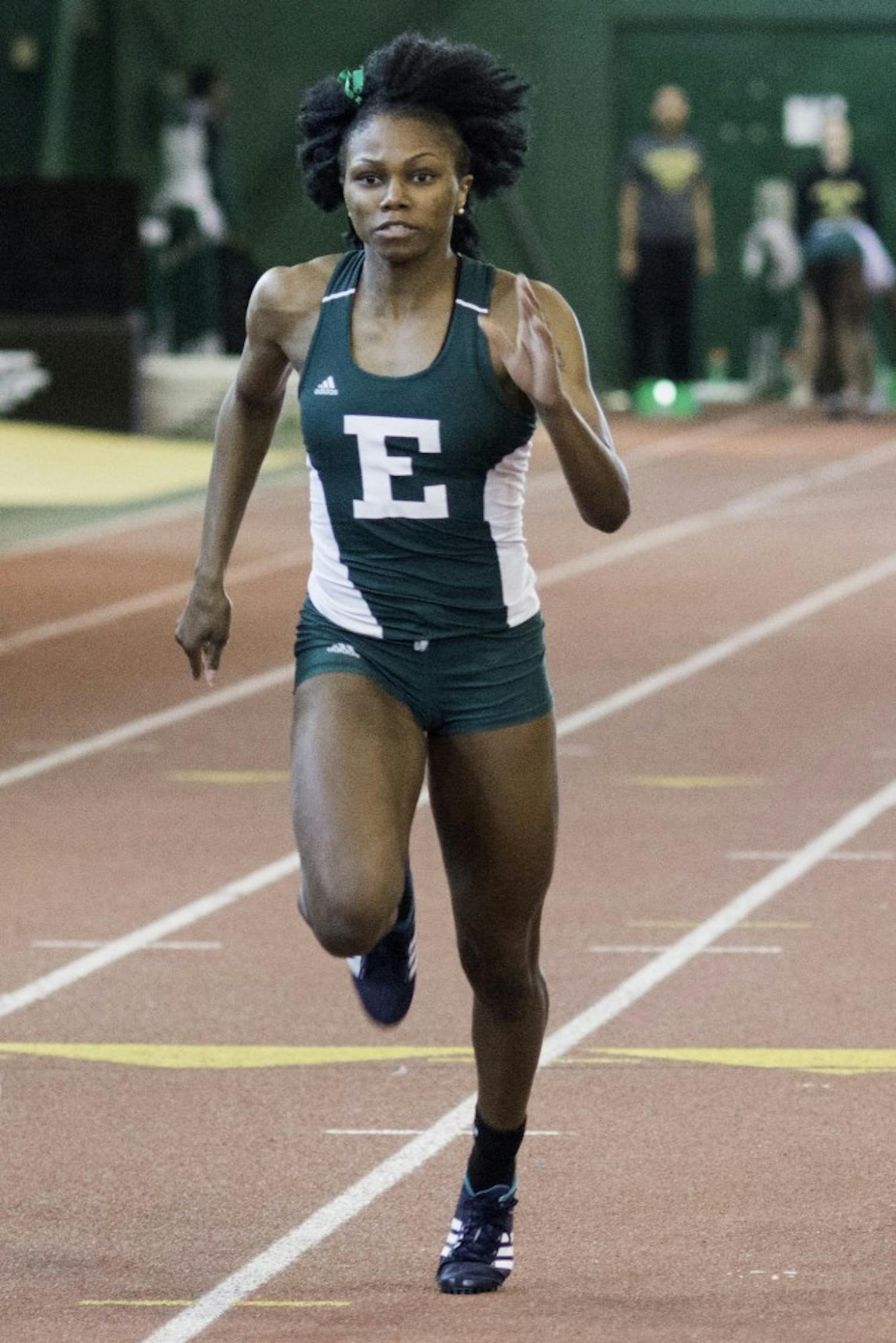 Eastern Michigan sprinter Aaliyah McKinney competes in the 60m dash during a triangular meet against Central Michigan and Oakland in Ypsilanti, 23 Jan.