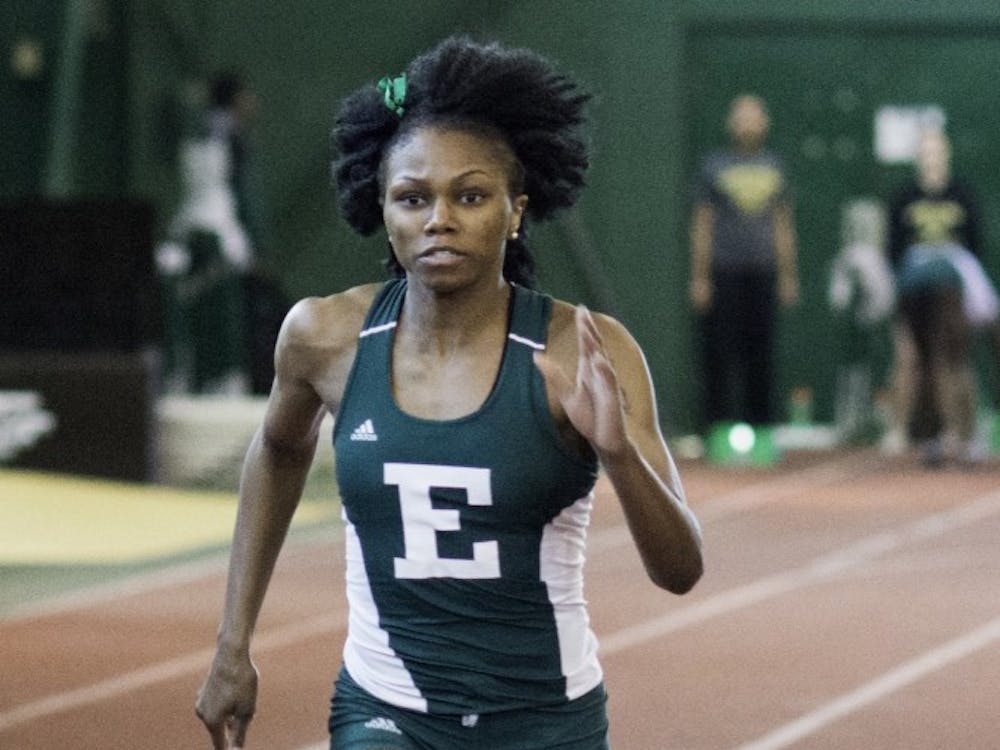 Eastern Michigan sprinter Aaliyah McKinney competes in the 60m dash during a triangular meet against Central Michigan and Oakland in Ypsilanti, 23 Jan.