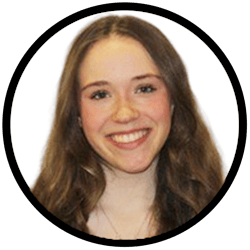 A black circle with a white background framing a smiling woman.