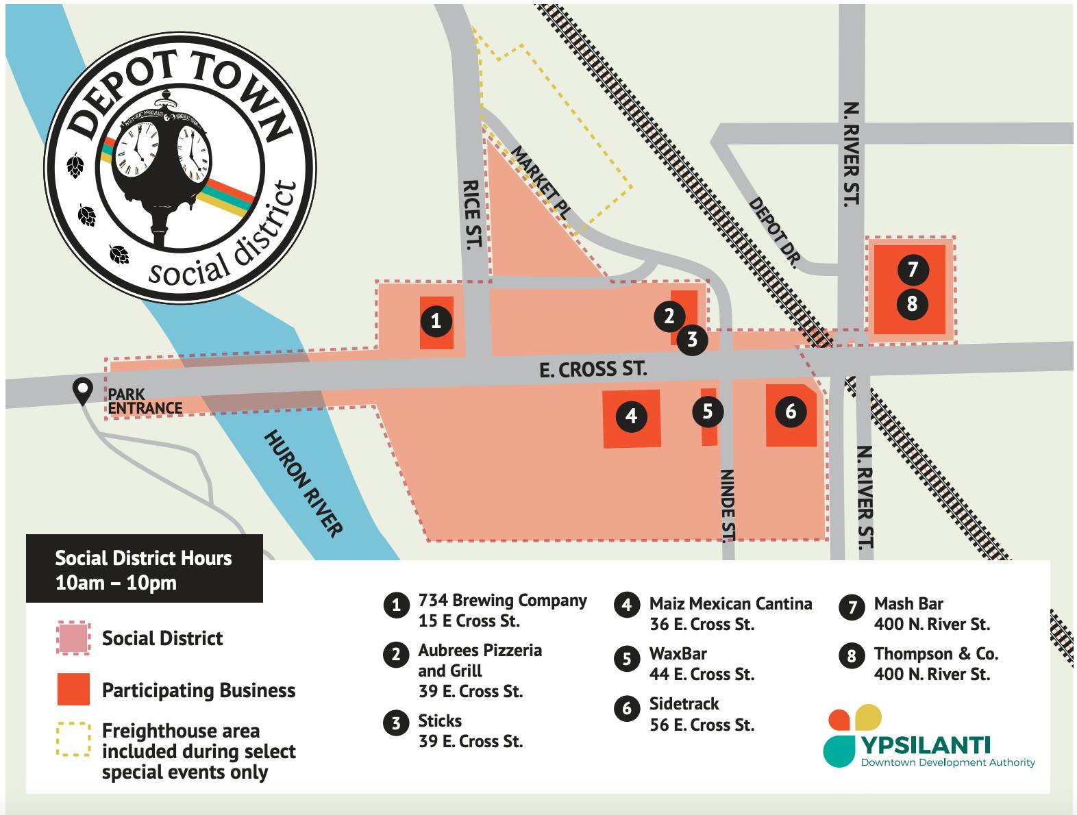 Map of Depot Town shows where the social district will be along Cross Street, between Riverside Park and North River Street.