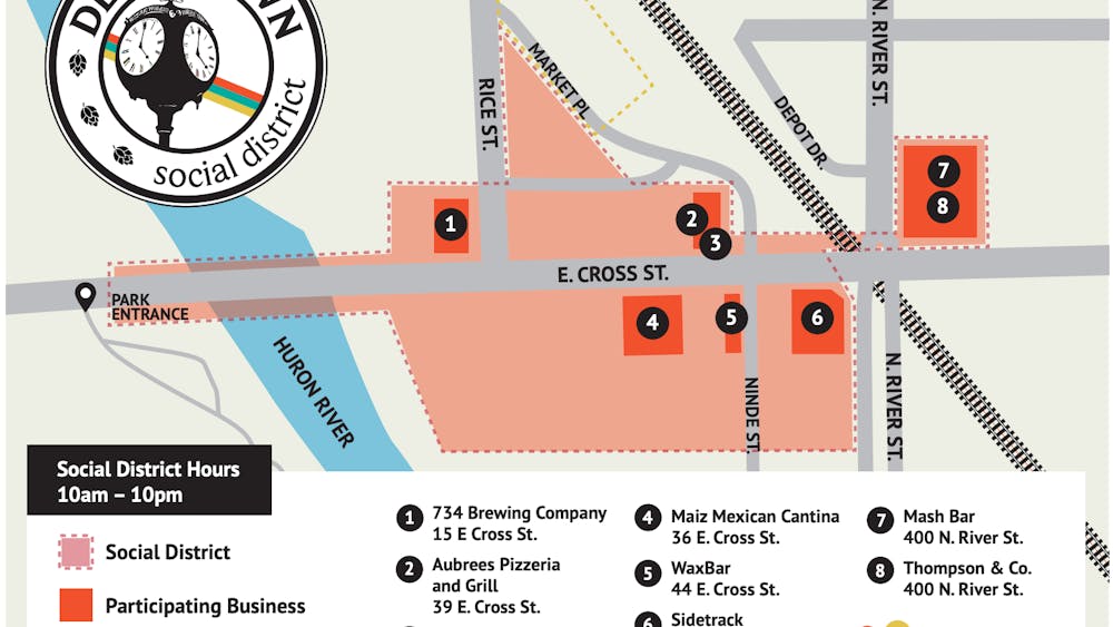 Map of Depot Town shows where the social district will be along Cross Street, between Riverside Park and North River Street.