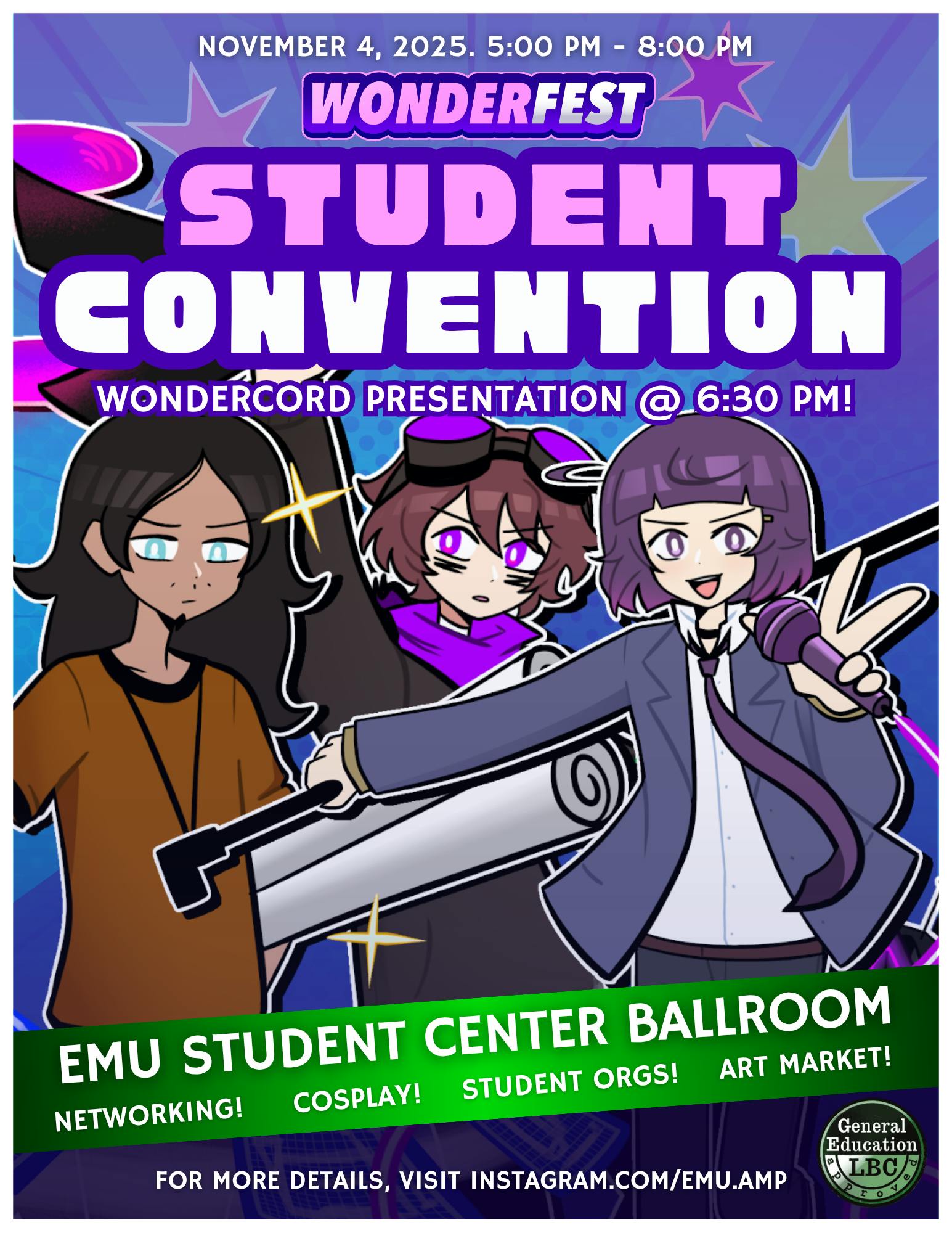 Colorful, cool-toned poster featuring three animated characters and advertising the WonderFest event.