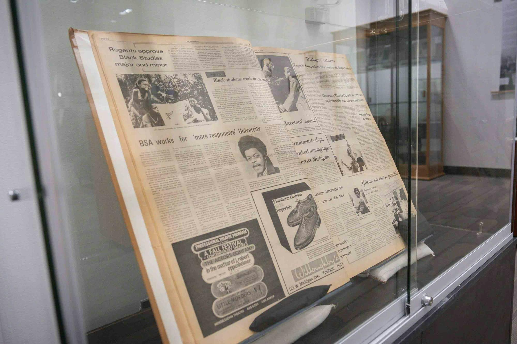 An old newspaper in a displaycase.