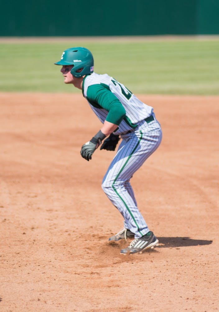 Adam Dennison leads off in the fourth inning during the Eastern Michigan vs. Ohio University baseball game at Ohio University in Athens, Ohio on Saturday, April 26, 2014.