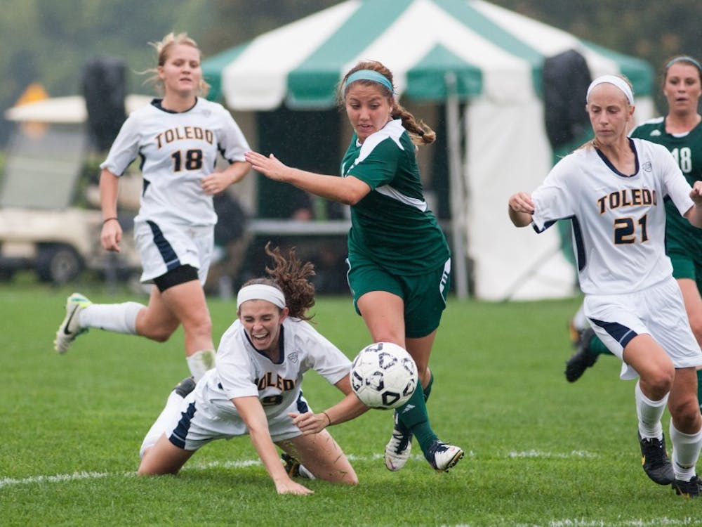 	Four first half goals helped the Eastern Michigan women&#8217;s soccer team avenge their 2012 Mid-American Conference tournament defeat by beating the Toledo Rockets 4-3 at a wet Scicluna Field.