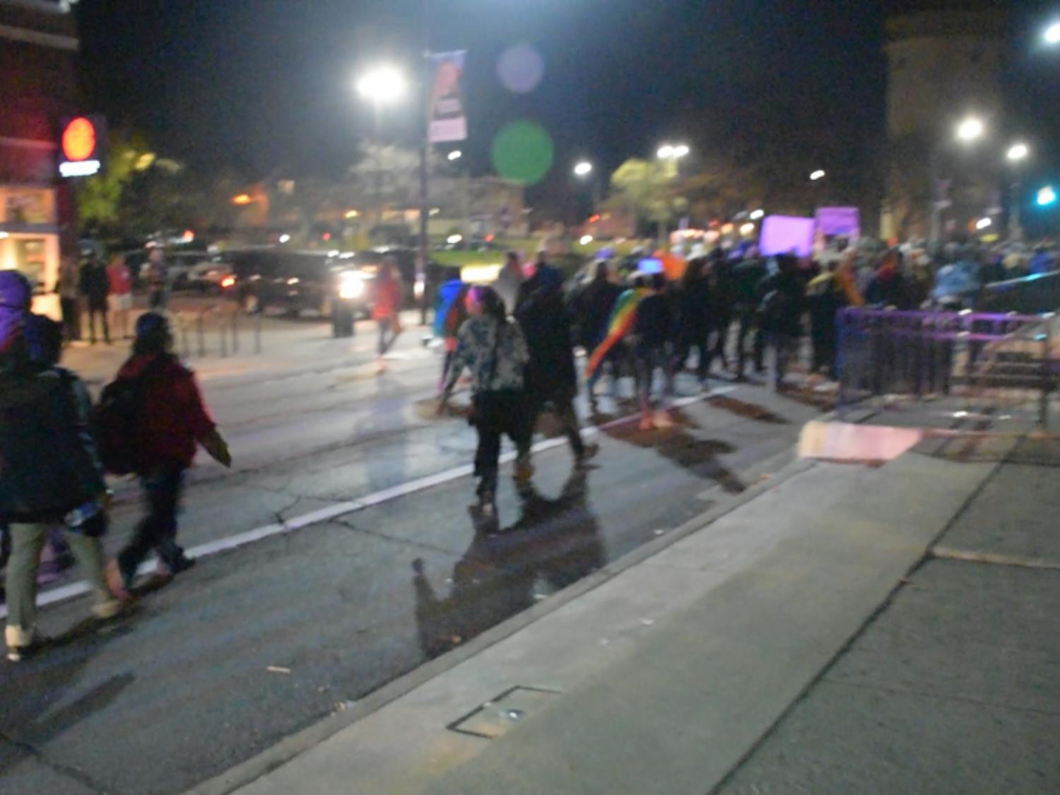 Protesters in the #notmypresident rally marching in Downtown Ypsilanti on Monday, Nov. 14.