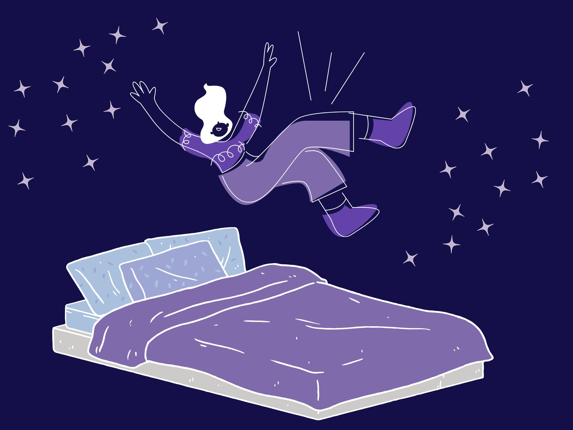 A cartoon image of a smiling person wearing a dark purple top, light purple pants and dark purple boots falling from above into a bed with a purple blanket, blue and lavender pillows and a white mattress. The image is set against a dark blue background, and lavender stars with four points surround the person.