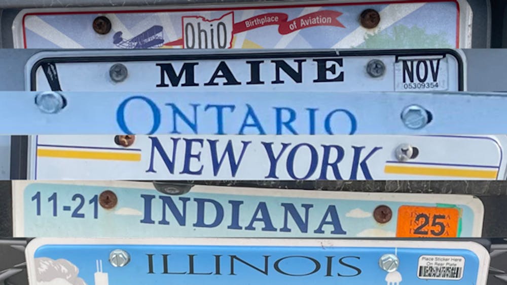 License plate car tags from Ohio, Maine, Ontario, New York, Indiana, and Illinois have been cropped and edited together into one image.