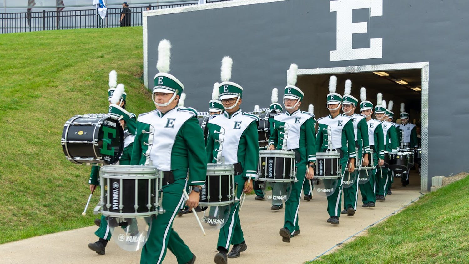 The EMU Marching band heads to the Eastern Michigan University football field for a special performance in 2022.