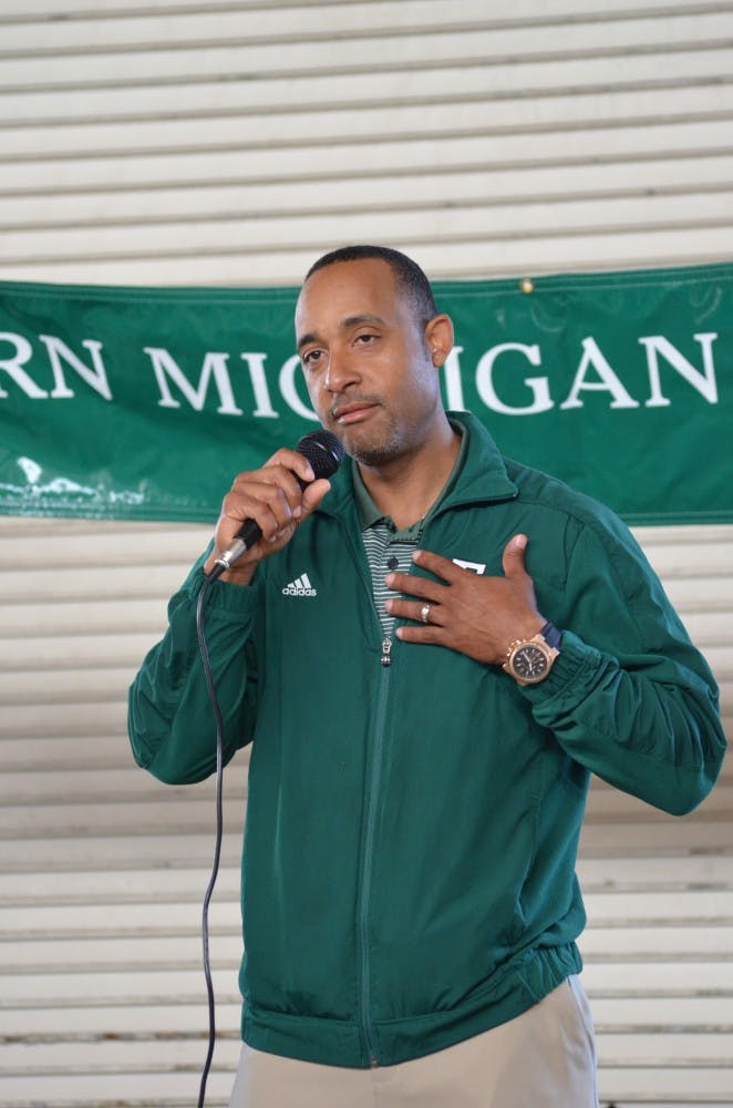 Eastern Michigan head baseball coach Jay Alexander encourages the crowd to attend EMU baseball games.