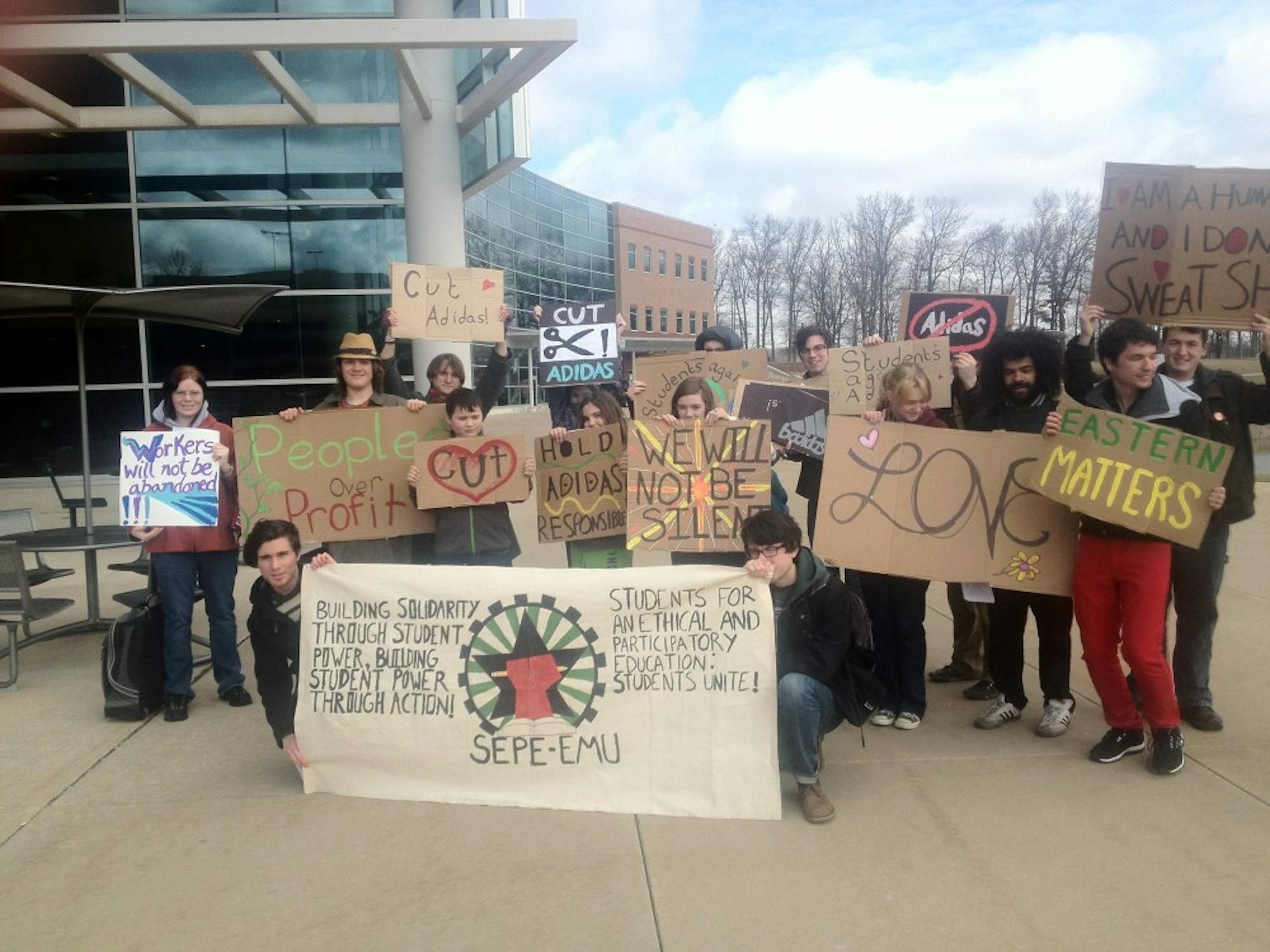 	Members of Students for an Ethical Participatory Education had flash mobs and led a protest march to get the university to cut its contract with Adidas. 