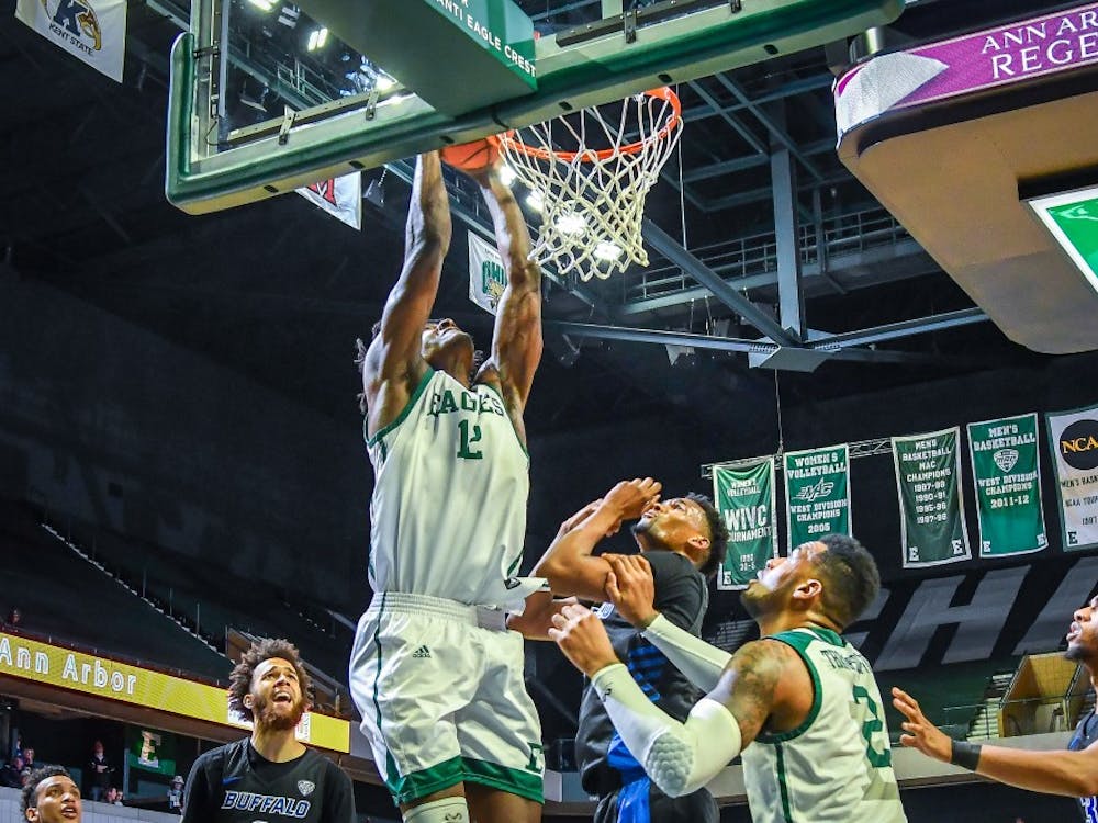 Picture of Boubacar Toure during the men's basketball game versus the Buffalo Bulls on Jan. 4 at the Convocation Center. Toure had a double-double against Akron Tuesday. Photo credit: Steve King, EMU Athletics.
