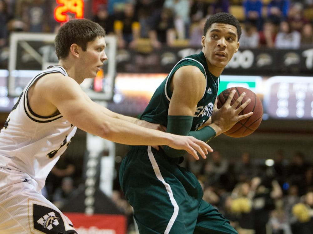 Eastern Michigan Karrington Ward looks for an open pass in the Eagles 80-72 loss to Western Michigan on Feb. 28 2015 in Kalamazoo.