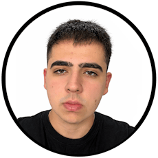 A black circle with a white background framing a man in a dark-colored shirt.