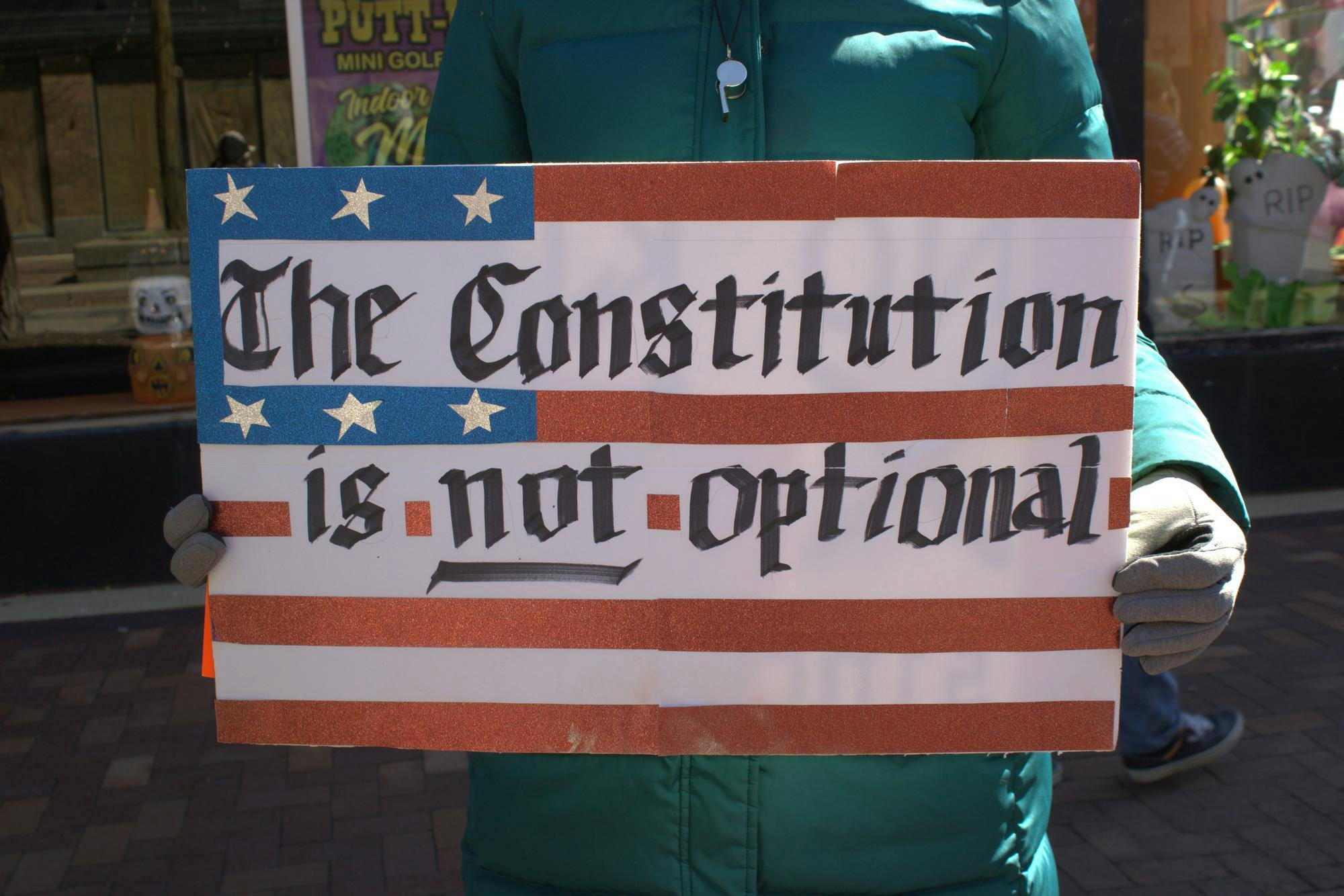 A person holds up a sign that looks like a handmade United States flag, with the words "the constitution is not optional" in fancy lettering drawn across it. 