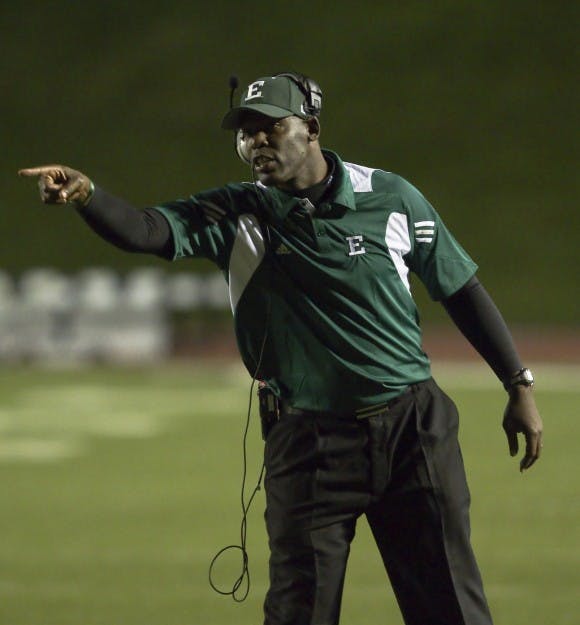 	EMU football coach Ron English. English continues to build a team which EMU will be proud of in the future. This has been his first win since becoming coach in 2009.